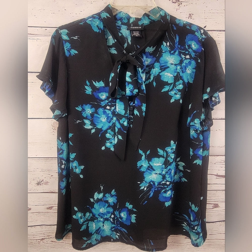 Black Torrid Blouse with Blue Flowers